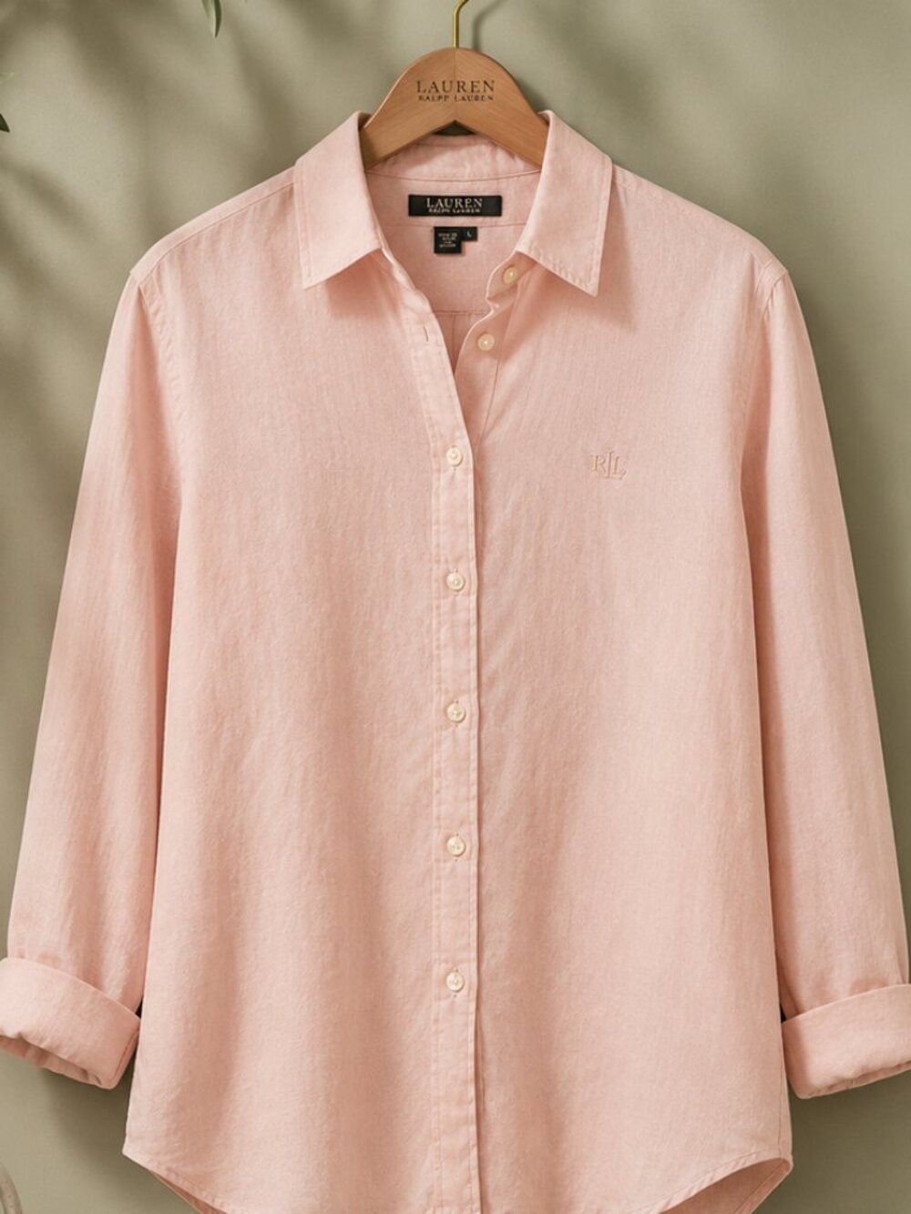 Lauren Ralph Lauren 100% Linen Blush Pink RLL Monogram Button Front Shirt Large - Picture 2 of 7